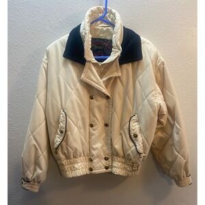 Vintage 90s Avon Fashions Passport Quilted Ski Jacket Women's M Cream Black Trim